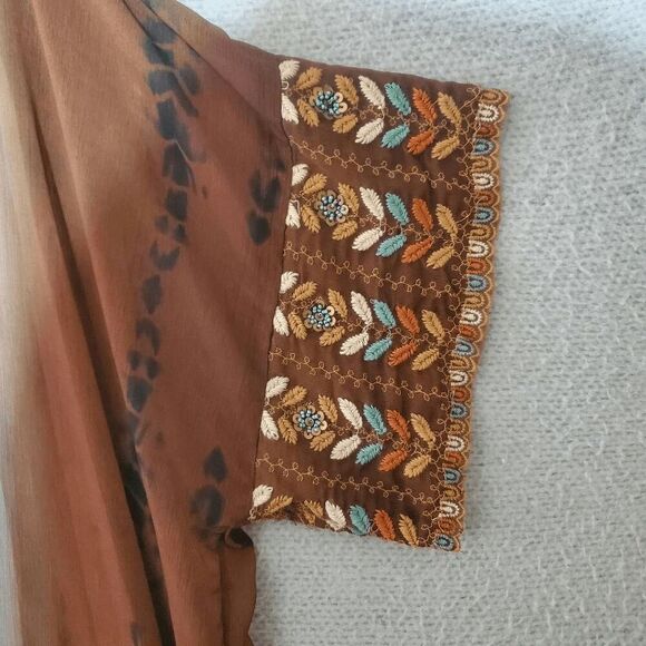 Soft Surroundings Women's Robe Cover Up Sheer Boho Embroidered Open Brown Blue - Picture 5 of 12